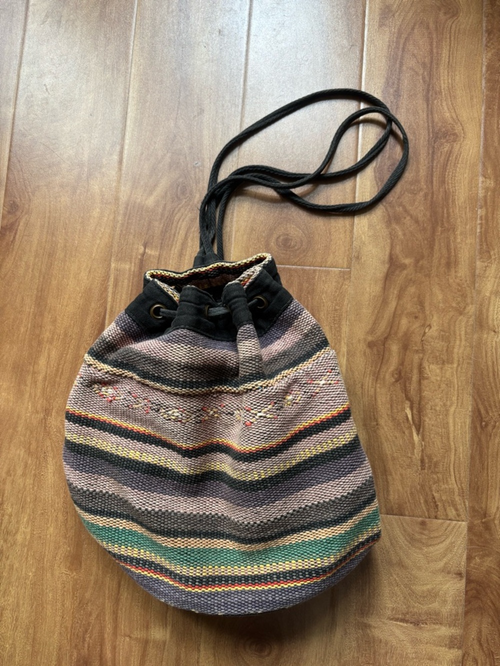 Vintage 90’s Striped Drawstring Bag: Woven Bohemian Style Festival Backpack